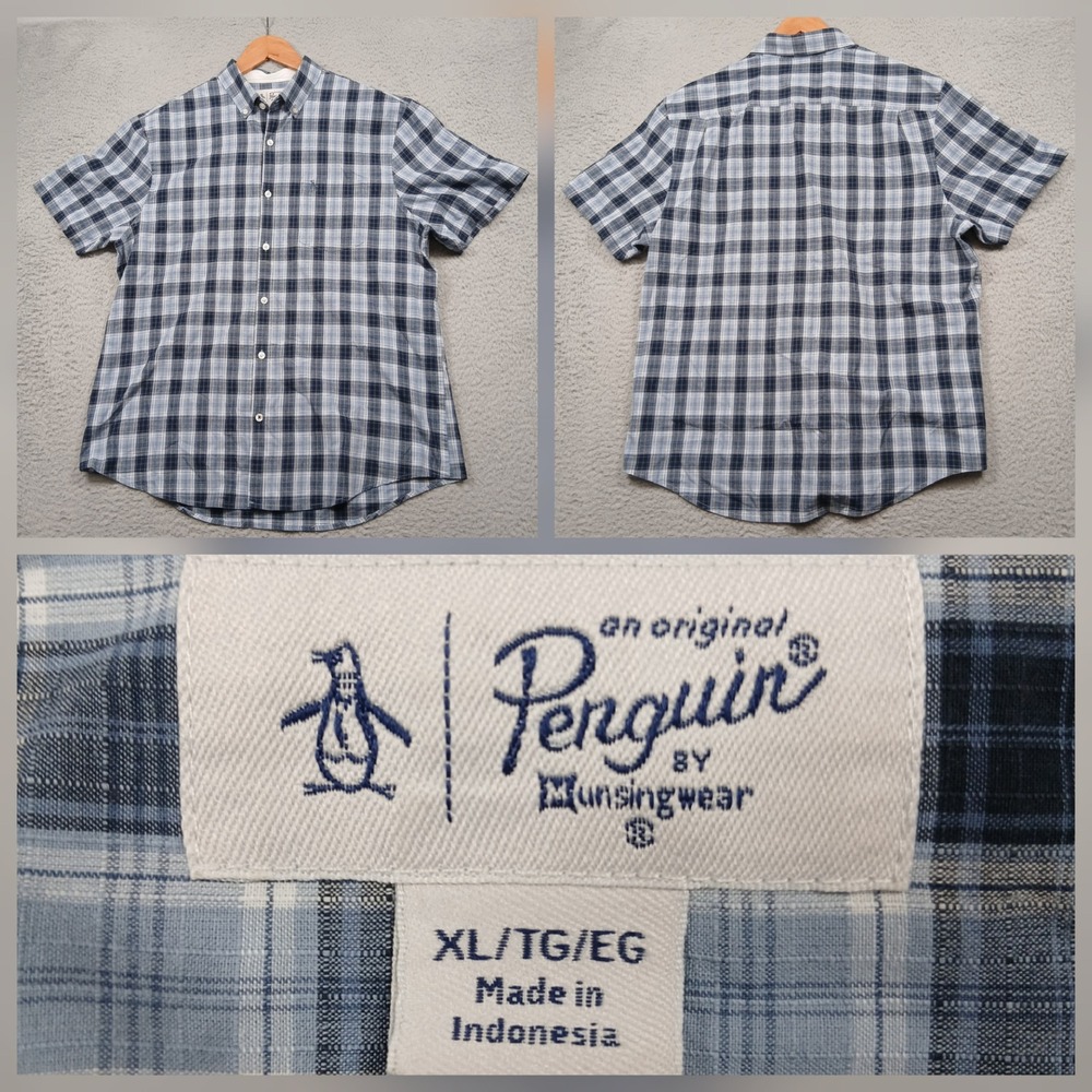 Original Penguin Plaid Button Up Shirt Men's XL Blue Short‎ Sleeve Casual